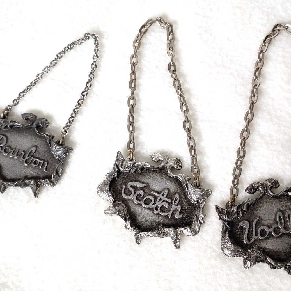 Vintage Metzke Decanter Tags 1975 Pewter Vodka Bourbon Scotch 3 pc Lot